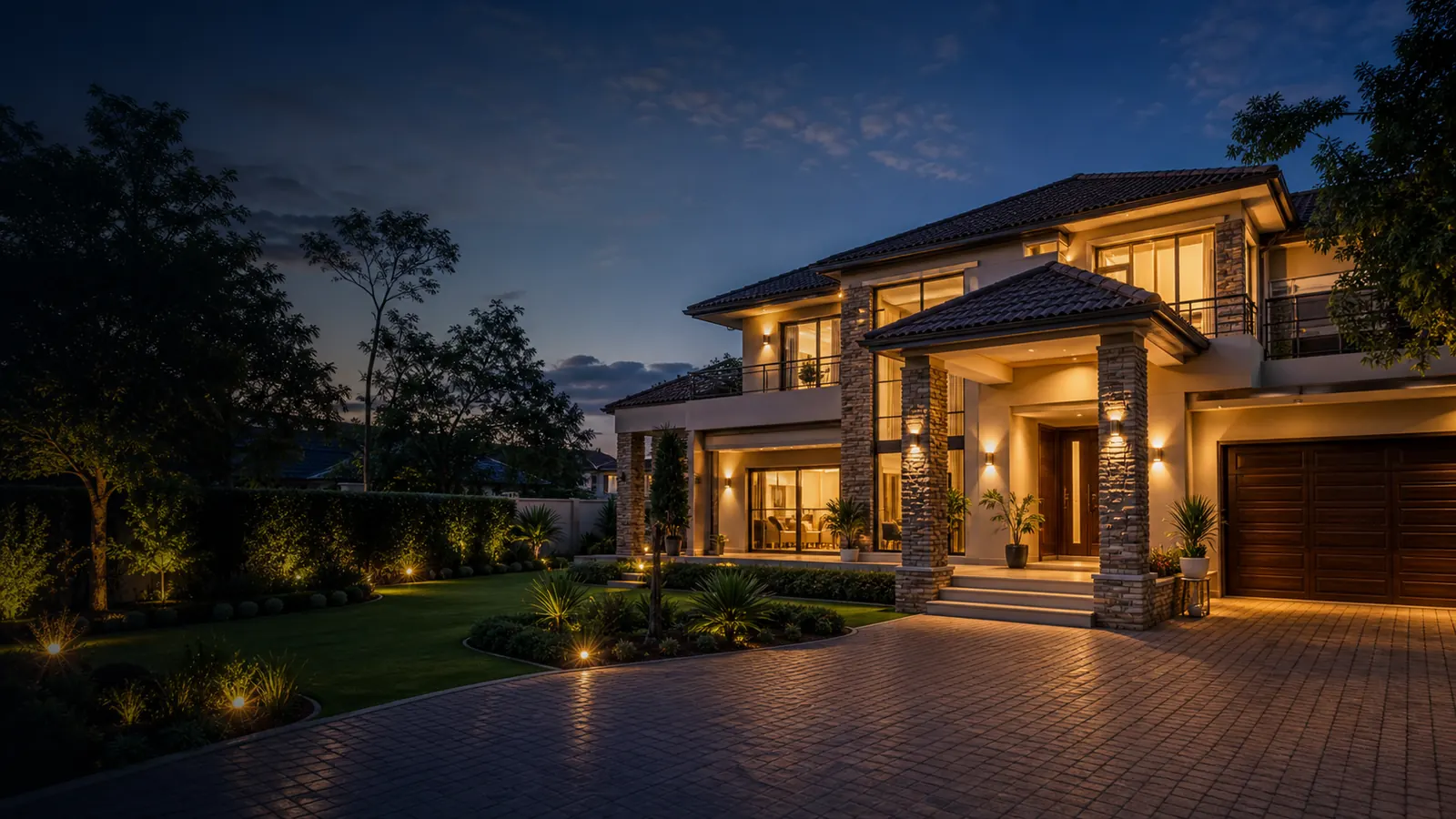 Premium managed property exterior at dusk